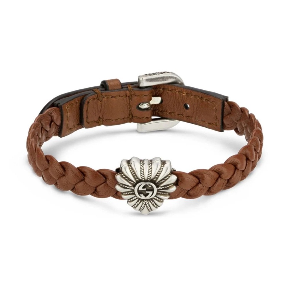 New GUCCI Interlocking G Engraved Love Brown Silver Leather Bracelet💝Uni… - Picture 2 of 15